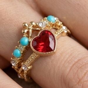 Gold and Red Heart Ring with Turquoise Accents